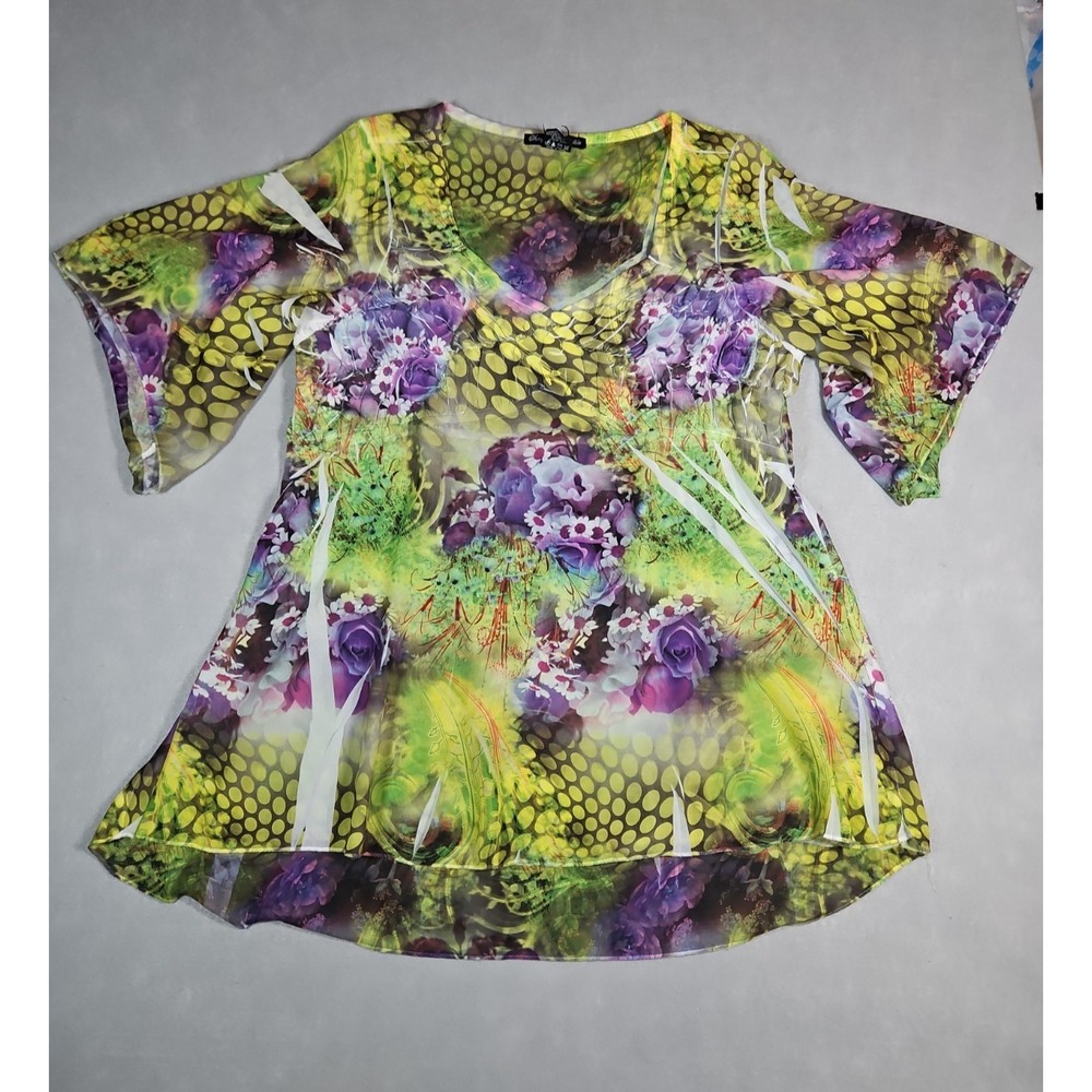 Simply Irresistible Womens Green Purple Abstract Floral Blouse Size Medium